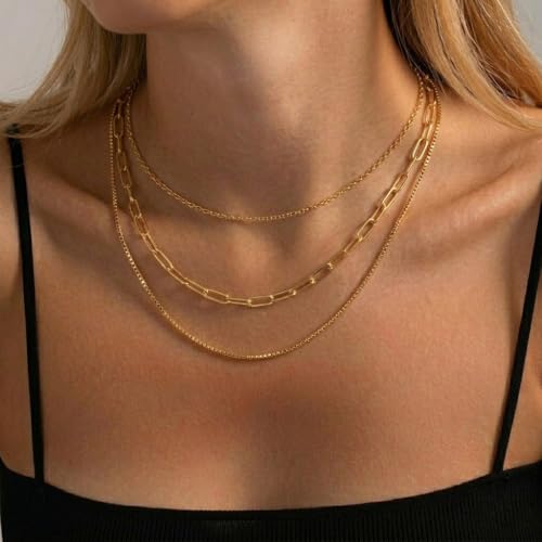 Image of Freekiss Layered Necklace Set for Women Stackable | Herringbone Snake Cuban Rope Chain, Dainty Choker, Layered Stackable, Non Tarnish, Hypoallergenic, Adjustable 14-18.5 inch