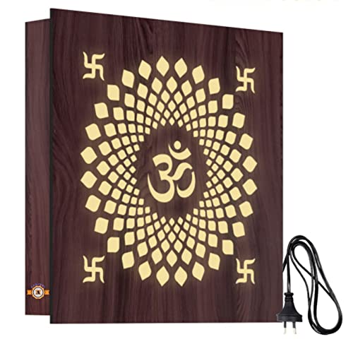 Image of Decorative Wooden Om Photo Frames For Wall With Light Decorative Wooden Wall Lights Lamps with HD Lights Very Attractive for Home and Hall Living Rooms with Lights for Home (Warm White Color)