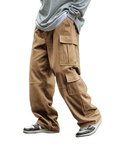 THWEI Mens Cargo Pants Drawstring Elastic Waist Casual Baggy Pant Streetwear Multi Pockets Khaki XL2