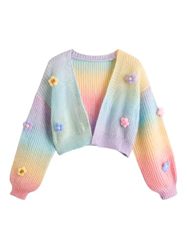 SHENHE Girl's Cute Flower Cardigan Open Front Chunky Knit Colorful Cropped Cardigan Sweater