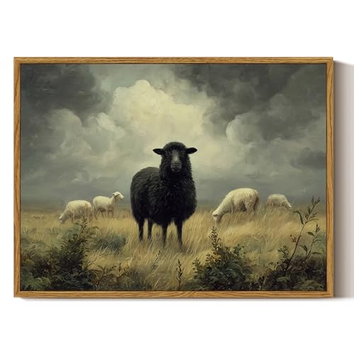 Image of ARPEOTCY Vintage Framed Canvas Wall Art, 12x16inch, Farmhouse Black Sheep Wall Decor, Country Art Prints Home Decorations, Cottagecore Paintings for Living Room Bedroom Office Decor