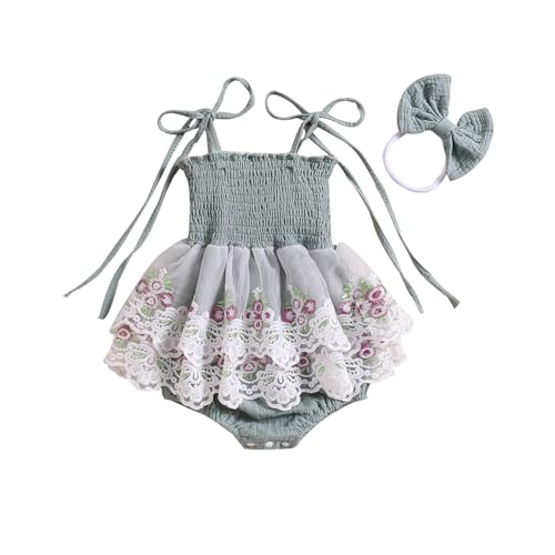 Image of hhchenyulemon Baby Girl Summer Clothes Infant Tie-up Embroidery Flower Romper Dress with Bowknot Hairband Newborn Outfits