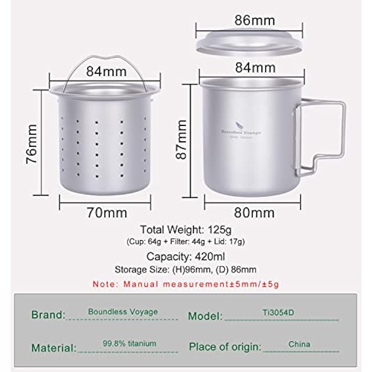 iBasingo 420ml/14.2floz Titanium Cup with Tea Strainer Folding Handle Portable Lightweight Tea Mug for Outdoor Camping Tea Maker Ti3054D