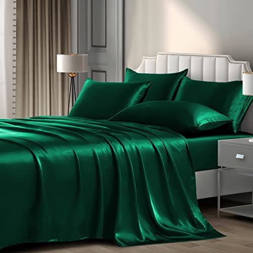 P Pothuiny Juego de Cama de satén de 6 Piezas, tamaño Queen, de Lujo, Sedoso, Negro y Verde, satén, 1 sábana Bajera, 4 Fundas de Almohada