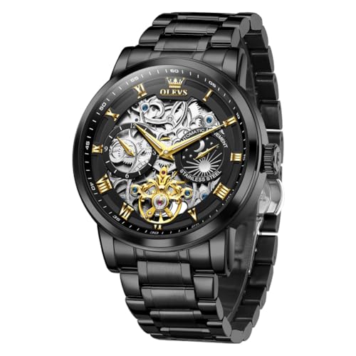 Image of OLEVS Men Automatic Watch Diamond Skeleton Mechanical Luxury Self Winding Moon Phase Calendar Waterproof Wrist Watch for Men