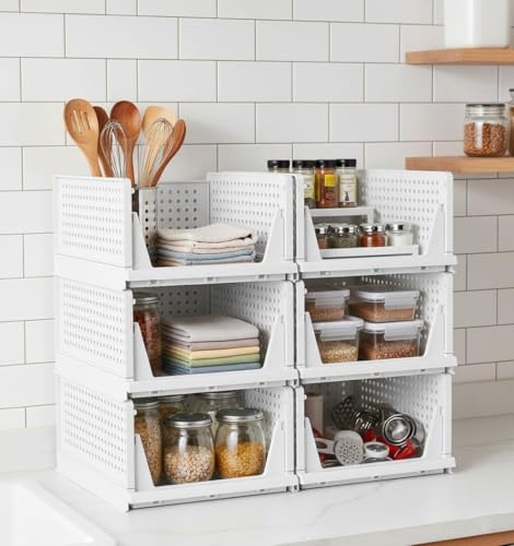Image of MECHDEL Wardrobe Organizer for Storage /Polypropylene Foldable & Stackable Closet Basket /Cupboard Organizer for Clothes /Mounted Closet Systems (FOLDABLE BASKET-WHITE, 6PCS)