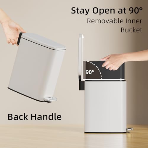 Image of KSSKSS Small Bathroom Trash Can with Lid Soft Close, Step Pedal, 6L / 1.6 Gal Stainless Steel Garbage Bin with Removable Inner Bucket, Slim Wastebasket for Narrow Spaces (White)