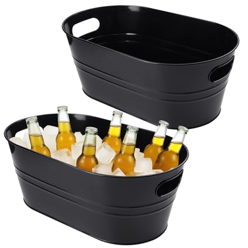 Biugaaufai 2 PCS 15.3 x 9 x 6 inches Black Metal Galvanized Tub with Handles, 3 Gallon Galvanized Beverage Tubs for Parties, Large Metal Drink Ice Buckets for Beer, Wine, Cocktails & Outdoor Events