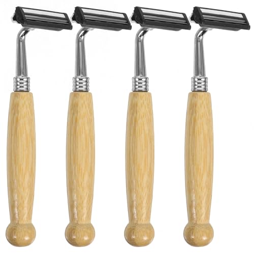 Hohopeti Maquinillas de Afeitar de Seguridad Manuales con Mango de Bambú, 4 Unidades, Cuchillas de Acero Inoxidable para Afeitado Corporal y Facial, Afeitadora de Pelo Ecológica