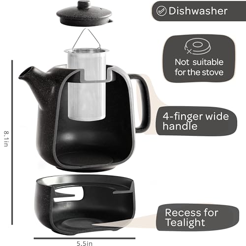 Image of Steinzeit Design Tea Pot with Warmer (44 oz) - Premium Ceramic Teapot with Infuser for Loose Tea - Black Teapot Ceramic with Removable Steamer