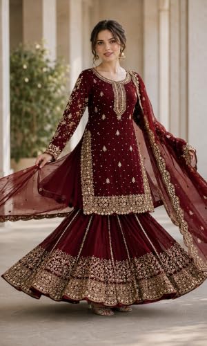 Image of Women's Ethnic Plazzo Suit Set with Kurta & Dupatta | Fendy Fabric Embroidered Kurta Set | Round Neck 3 /4 Sleeve Dress | Elegant Outfit