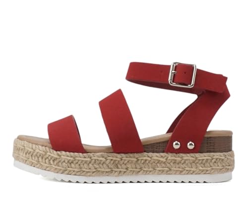 Image of Soda BRYCE-2 Kids /Children /Girls Open Toe Two Bands Espadrille Jute Platform Wedge Casual Fashion Flatform Sandals with Buckle Ankle Strap