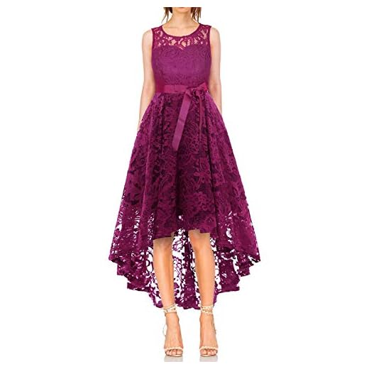 Vestido Largo Mujer Cóctel Elegante Vintage de Encaje sin Manga Alto-Bajo Fiesta Boda Violeta M