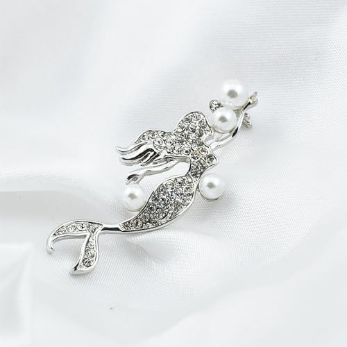 Image of Elegant Mermaid Fish Lapel Brooch Pin Cubic Zirconia Rhinestone Faux Pearl Ocean Sea Animal Pins Clip Shawl Sweater Scarves Badges Brooches Pins Dainty Jewelry Gifts for Women Girls Clothes Accessories