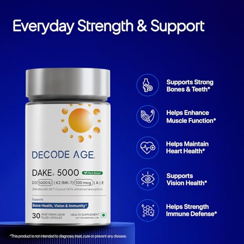 Image of Decode Age DAKE 5000 IU Vitamin D3 K2 Supplement with Vitamins E and A in MCT Oil, Vegan Capsules, for Bone, Immune, Heart and Vision Support, 1 Month Supply