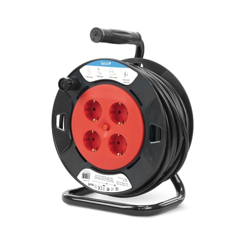 Garza - Enrollacables 15 m, 4 tomas con toma de tierra, doméstico interior, protección infantil, sobretensión y sobrecalentamiento, tambor eléctrico enrollable, rojo y negro, IP20, garantía 3 años