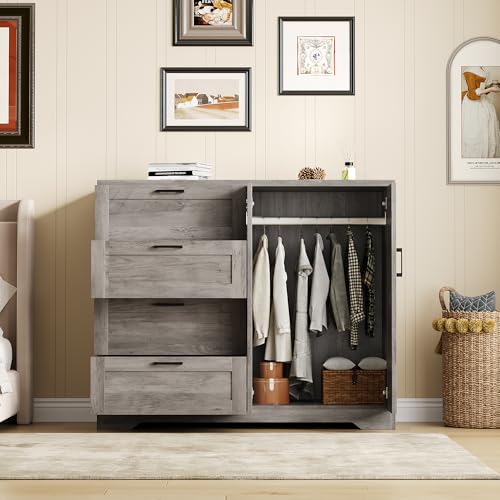 GarveeHome Multifunctional Wooden Dresser for Bedroom, 43.3'' H 2 Door Wardrobe Armoire Closet with 4 Drawers and Hanging Rod, Low Storage Cabinet for Hanging Cloth, Gray