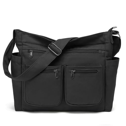 Bolsa tiracolo grande de lona para mulheres e homens, bolsa Hobo Messenger para laptop, trabalho, viagens universitárias, 51 - 423/Preto