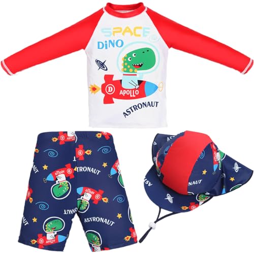 3 Pcs Boys Rashguard Swimsuits Red Cartoon Dinosaur Print Swim Shirt Bathing Suit with Short UPF 50+ Hat Swimwear