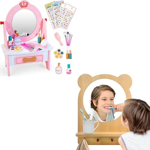Wooden Vanity Set for Kids, Pretend Play Toddler Makeup Vanity Table Toys with 360° Rotatable Mirror, Wooden Acrylic Wall Mirror for Toddlers, Entryway Mirror with Hooks and Shelf Cover