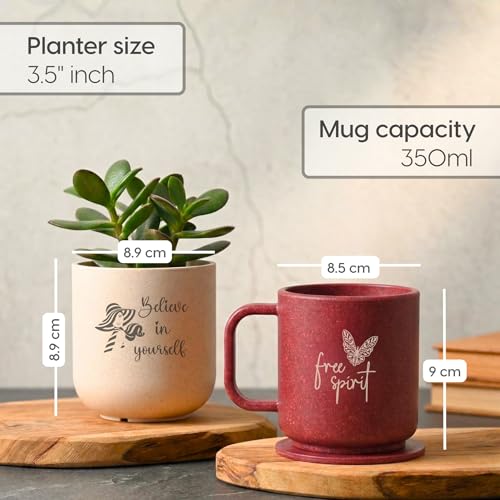 Image of Eha Earth-Friendly Gift Set for Mom| 350 ml | Planter, Mug with Coaster & Loopac | Gifts for Mom Made with Rice Husk Biocomposite | Gifts for Woman | Coral