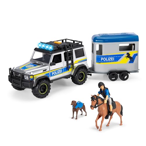 Dickie Toys - Police Horse Trailer (40 cm) - Mercedes-Benz G 500 4x4 Coche de policía con Remolque de Caballo, Figura, Caballo y Perro, Juego de Juguetes para niños a Partir de 3 años, Incluye luz
