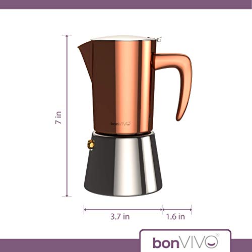 bonVIVO Intenca Stovetop Espresso Maker - Luxurious Italian Coffee Machine Maker, Stainless Steel Espresso Maker Full Bodied Coffee, Espresso Pot For 3-4 Cups, 6.8 oz Moka Pot Copper Chrome Finish