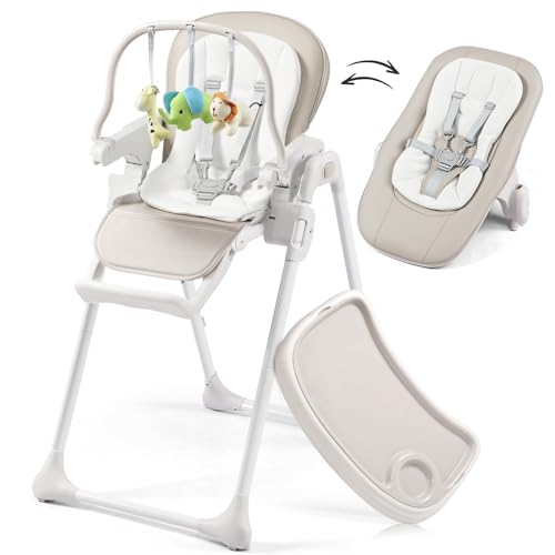 Image of Mallify Convertible Baby High Chair, 6 Height & 3 Recline Adjustable High Chairs for Babies and Toddlers, Foldable High Chair with 3 Detachable Toys, Built-in Rear Wheels, Removable Seat & Tray, Gray