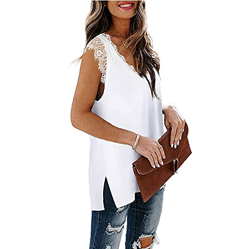 Janepam Women T-Shirt for Summer Tank Tops Cap Sleeve Lace Patchwork Plain Solid Color V-Neck Loose Plus Size Tee Blouse(S,A White) - Thumbnail 2