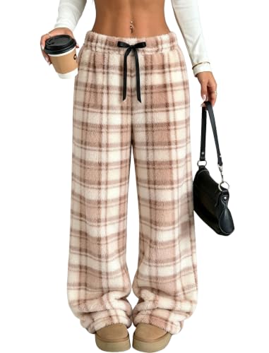 Image of ZAFUL Women's Fuzzy Plush Pajama Pants Wide Leg Pj Bottoms Lounge Pants | Soft Fluffy Sleep Pants Drawstring Elastic Waist Teddy Pjs for Women No Pockets