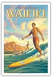 Aloha Waikiki - Surfing - Diamond Head - Oahu - Honolulu Hawaii - Vintage Hawaiian Travel Poster by...
