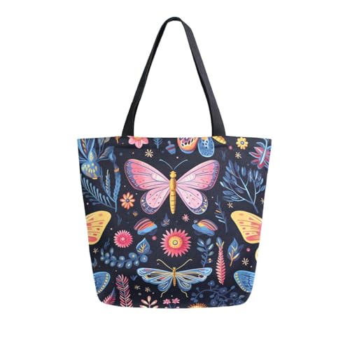 Extra Large Shoulder Tote Bag for Beach Travel Weekender Gym Colorful Butterfly Blue Yellow Pink Plants Reusable Grocery Canvas Shopping Bag