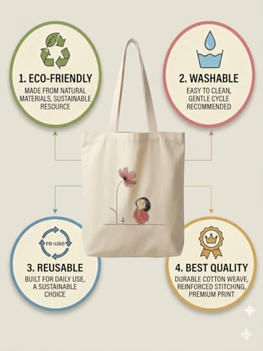 Image of Minimalist Girl & Flower Printed Canvas Tote Bag for Women | 16x14 Inch Cotton Shoulder Bag | Aesthetic Reusable Handbag for College, Office & Shopping