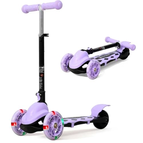 NOVONOVA Patinete Scooter Plegable, Patinetes para niños y niñas, 2 5 años con Manillar Ajustable 57 72cm, Patinete 3 Ruedas, Patinete con Luces y Freno Posterior, Máx. 50kg (Morado)