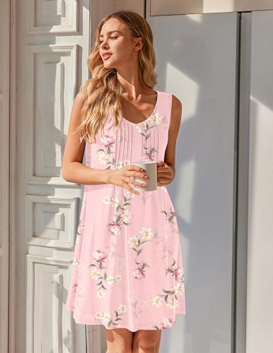 Image of Ekouaer Nightgowns for Women Sleeveless Sleep Shirt Tank Night Gown V Neck Chemise Pleated Night Shirt Soft Sleep Dress