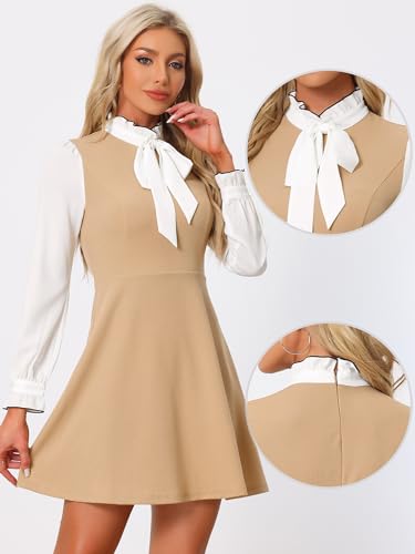 Image of Allegra K Tie Neck Dresses for Women's 1960s Vintage Long Sleeve Contrast Color Dress