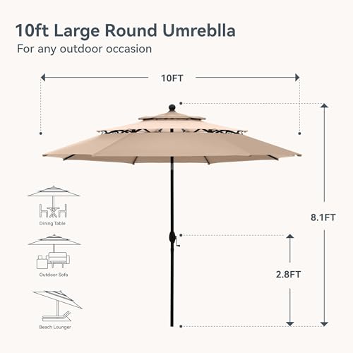 Image of PHI VILLA 10ft Outdoor Patio Umbrella for Outside, 3 Tier Vented Round Market Table Umbrella Windproof for Backyard, Deck, Garden, Beige & Tan(No Base)
