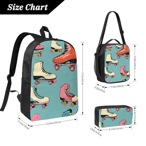 Retro Roller Skates Colorful print Backpack Bookbag for Daily Use,3 Pcs Backpack Set with Lunch Box and Pencil Case4