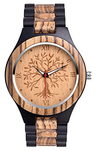 SUPBRO Montre en Bois pour Hommes et Femmes, Naturel Artisanal Mouvement à Quartz Japonais Montres Bracelet réglable en Bois Arbre de Vie