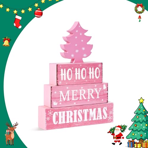 Image of 4 Pcs Christmas Wooden Tiered Tray Decor, Pink Merry Christmas Tree Decorations Gifts for Home, Winter Table Centerpiece for Xmas Party Kitchen Office