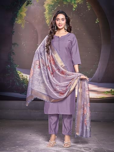 Image of Women's Cotton 3 /4 Sleeves Purple Straight Kurti with Matching Pant & Printed Dupatta Set