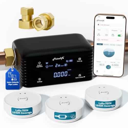 Image of Frizzlife LPG365-P Smart Water Automatic Shutoff Valve W / 3 Leak Sensors, 0.01 GPM Ultrasonic Micro Leak Detection,Wi-Fi /App Enabled Flow Meter, Pressure+Flow Monitor,24 /7 Water Usage Reports,1.25 inch&1 inch