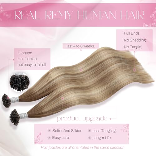 Image of Moresoo U Tip Human Hair Extensions, Brown Sun-Kissed Blonde, 18 Inch | 50g 50 strands, dimensional ombre color and individual placement help create buildable length and volume