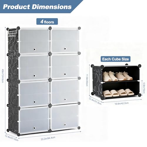 Image of DUMOS 8-Tier Shoe Storage Cabinet with Door, Stackable, 32 Pairs, Black