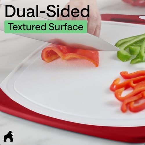 Image of GORILLA GRIP BPA-Free Reversible Kitchen Cutting Board Set of 3, US Designed, Nonporous, Juice Grooves Catch Liquid, Slip Resistant Border, Dishwasher Safe, Durable Large Food Chopping Boards, Red