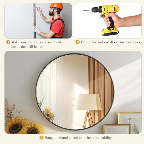 Image of DUMOS Black Circle Mirror for Wall 24.02 inch, Bathroom Round Mirror for Over Sink, Bathroom, Entryway, Bedroom, Vanity