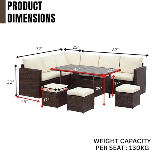 Image of DEVOKO 6 PCS L-Shape Patio Rattan Dining Set with Cushioned Chairs, Ottomans & Wood Dinning Table Top for Porch, Lawn, Garden, Backyard (Dark Brown & Off-White)
