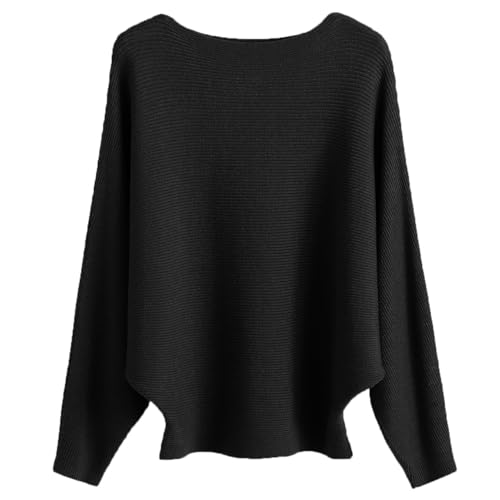 Cegerne Damen Pullover Fledermausärmel Elegant Oversize Pulli Langarm Sweatshirt Strickpullover Batwing Knitted Sweater Oberteil, Schwarz