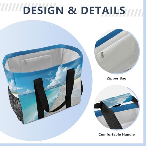 YETTASBIN Seaside Beach Large Foldable Travel Tote Bag, Lightweight Waterproof Swim Pool Bag with Handles & Pocket for Beach Outdoor, Reusable Grocery Bag for Kitchen, Shopping4