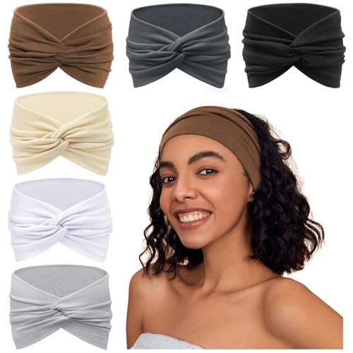 Awumbuk Wide Headbands for Women Knotted No Slip Head Bands Soft Turban Headband Hair Accessories Boho African Solid Color Head Wraps for Women Yoga Workout Pack of 6（Brown）